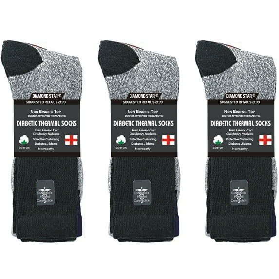 Diamond Star Premium Non-Binding Thermal Diabetic Socks for Men & Women– Loose Fit Cotton Crew for Warmth & Circulation (Black-12 Pairs, Socks Size 9-11, Fit Women's Shoe Size 5-10)