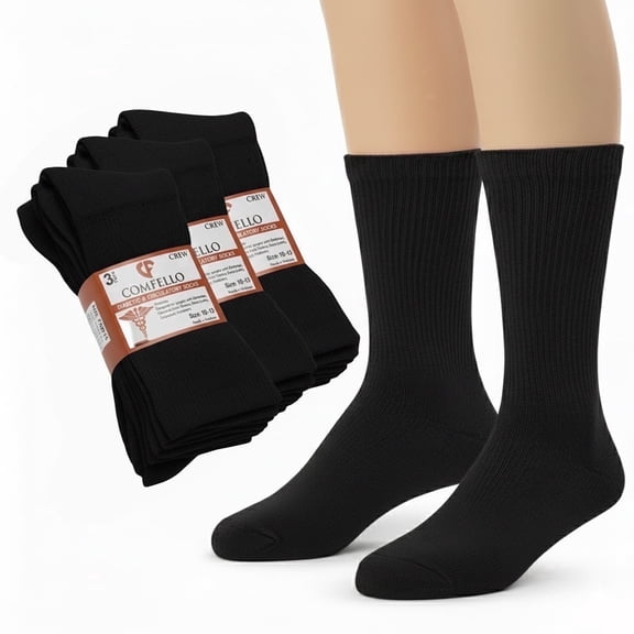 Comfello 3-Pairs Diabetic Crew Socks for Men & Women Non-Binding Moisture-Wicking