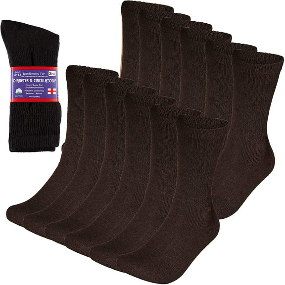 Diabetic Socks Men's & Women Crew Style Physicians Approved Circulatory Socks 3-12 Pairs (10-13, Brown, 6 Pack)