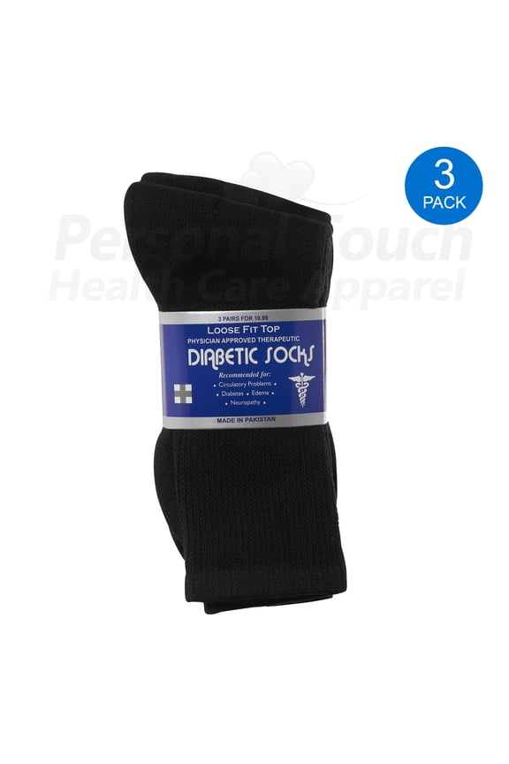 Diabetic Socks Men's & Women Crew Style Physicians Approved Socks, 3 Pairs, Size 13-15, (Black)