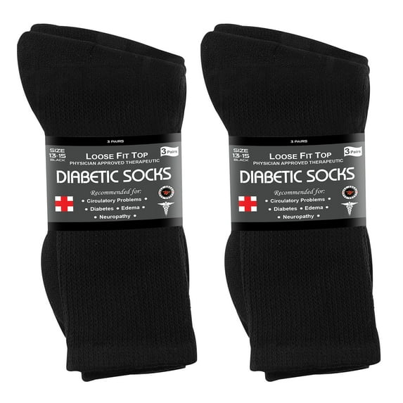 Diabetic Socks Men's & Women Crew Style Physicians Approved Socks, 6 Pairs, Size 13-15 (Black)