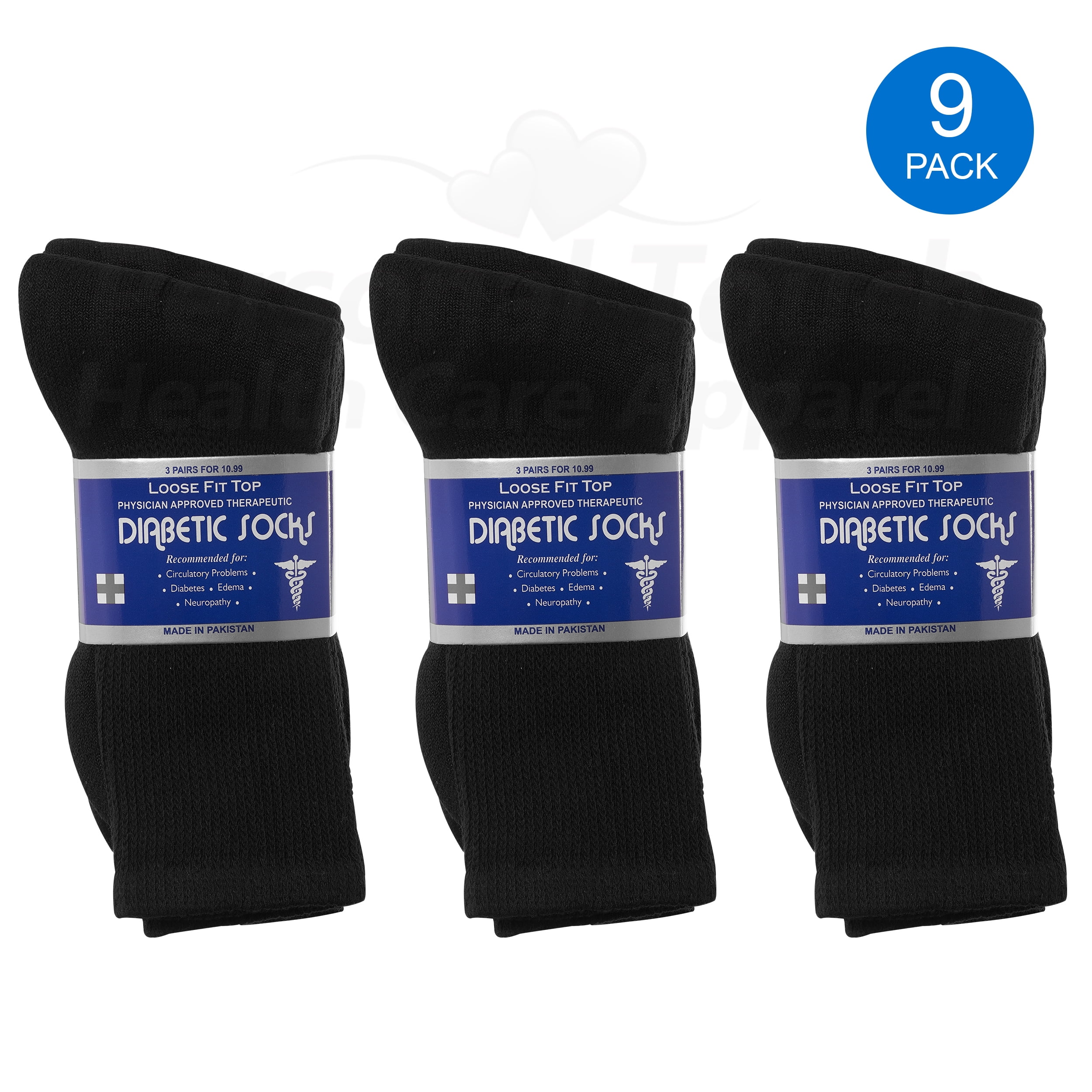 Diabetic Socks Men's & Women Crew Style Physicians Approved Socks, 9 Pairs, (Black, 10-13)