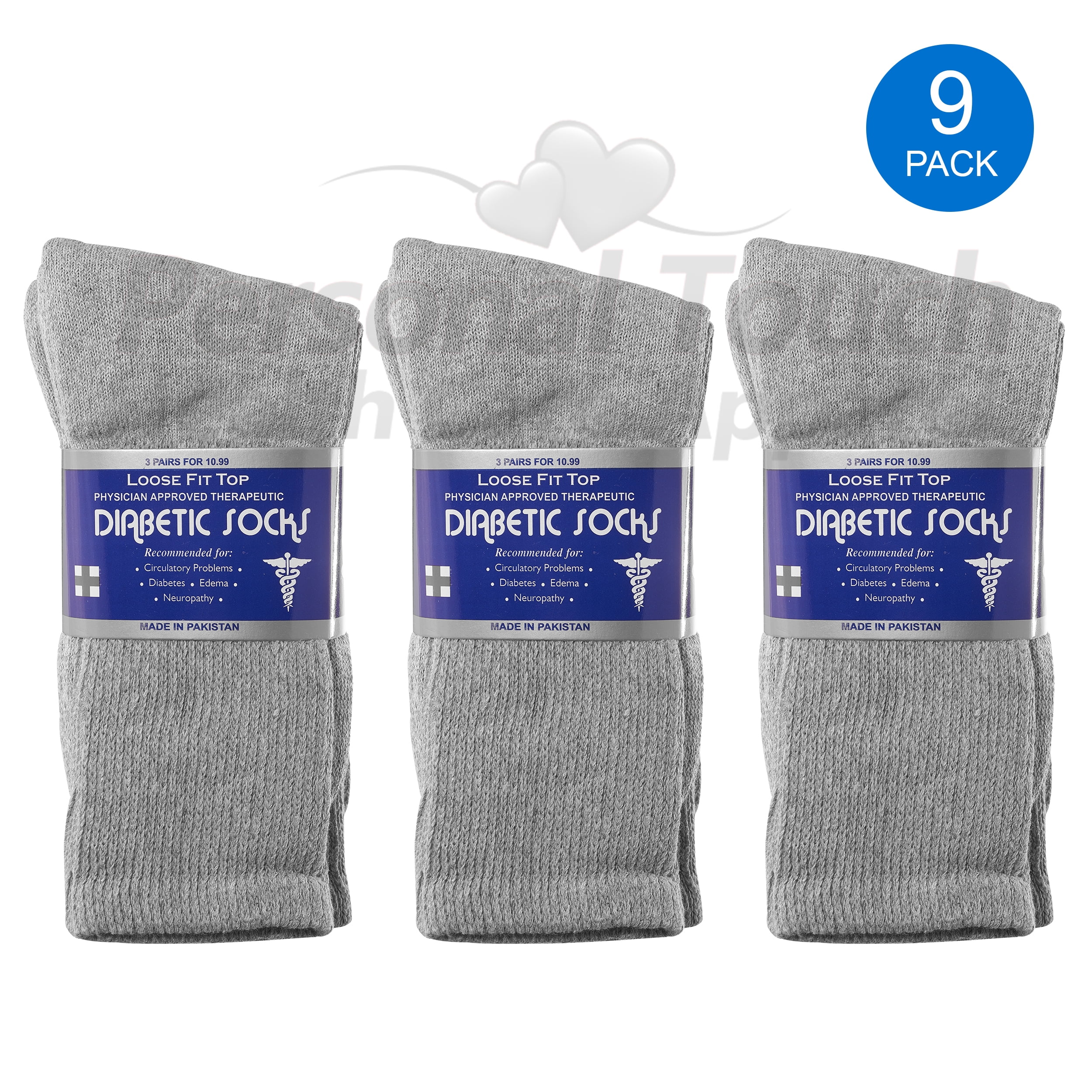 Diabetic Socks Men's & Women Crew Style Physicians Approved Socks, 9 Pairs, (Gray, 9-11)