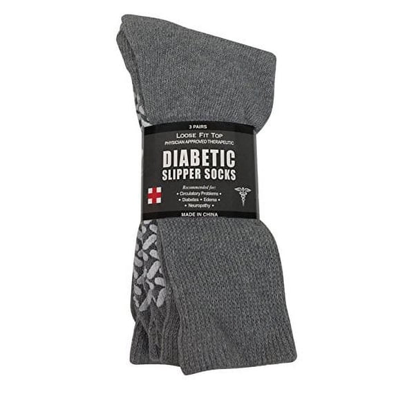 Diabetic Socks Unisex- Non Skid Hospital Loose Fitting Slipper Socks With Gripper Bottoms - 3 Pack (Grey, 9-11)
