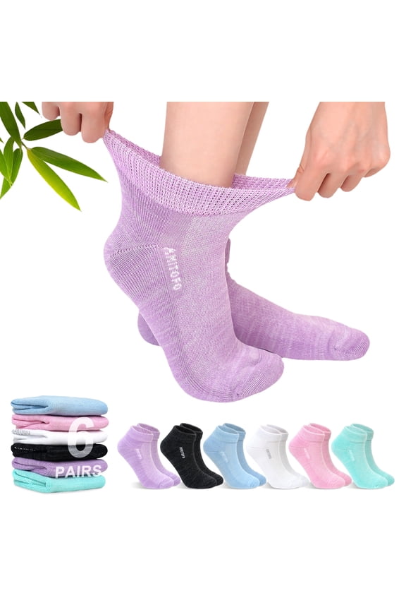 Diabetic Socks for Women, AMITOFO Bamboo Viscose Ankle Socks with Non-Binding Loose Top, Seamless Toe Design Breathable Moisture-Wicking Fabric, 6 Pairs Multicolor