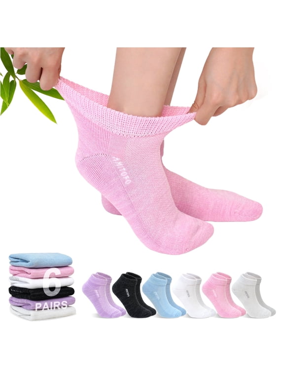 Diabetic Socks for Women, AMITOFO Bamboo Viscose Ankle Socks with Non-Binding Loose Top, Seamless Toe Design Breathable Moisture-Wicking Fabric, 6 Pairs Multicolor