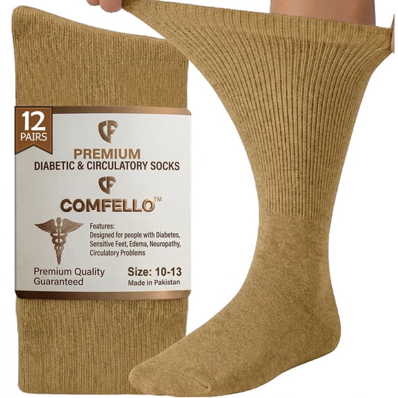Comfello 12 Pairs Cotton Diabetic Socks Crew for Men and Women Khaki (Size 10-13)
