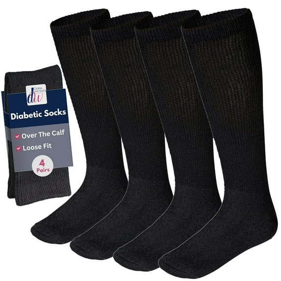 Diabetic Socks for Men and Women Over the Calf Knee High Cotton Socks Loose Fit 4 Pairs