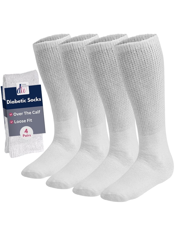 Men’s and Women’s Diabetic Knee High Socks, Loose Fit Cotton Over-the-Calf Style, 4 Pairs