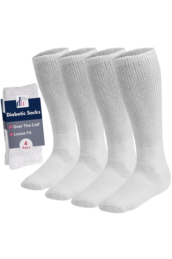Diabetic Socks for Men and Women Over the Calf Knee High Cotton Socks Loose Fit 4 Pairs