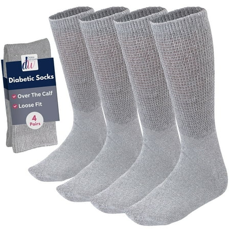 Diabetic Socks for Men and Women Over the Calf Knee High Cotton Socks Loose Fit 4 Pairs