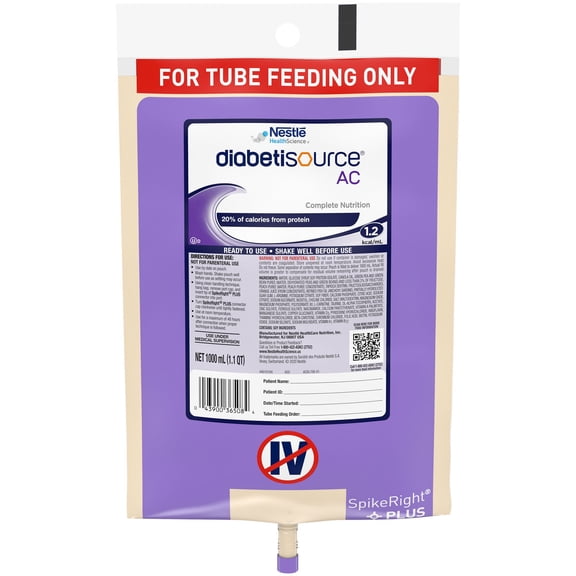 Nestle Diabetisource AC Tube Feeding Formula Unflavored 1000 mL Ready to Hang Prefilled Container 6 Ct