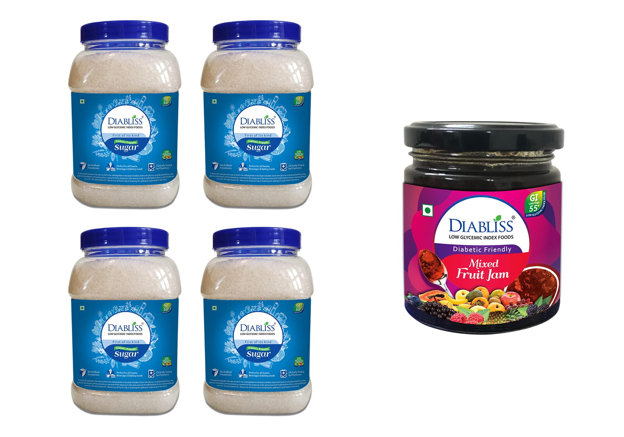 Diabliss Diabetic Friendly Sugar 1 Kg Jar Pack Of 4 & Mixed Fruit Jam