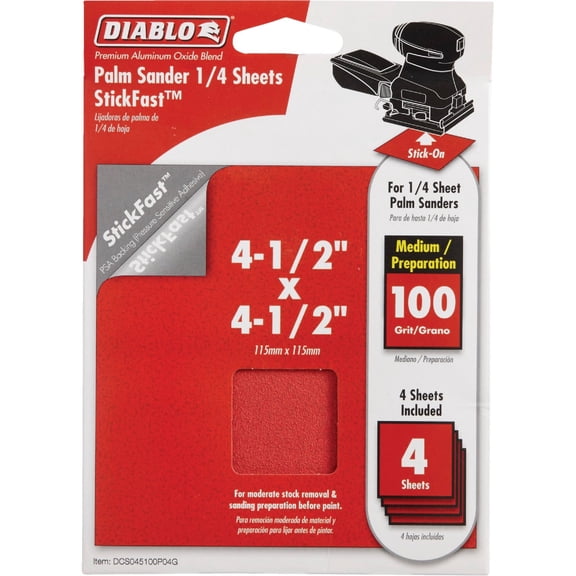 Diablo 100-Grit StickFast Palm Sander 1/4 Sanding Sheets, 4-1/2" x 4-1/2" Size - Fast Stock Removal, Clog-Free Ceramic Blend, Wood Metal Plastic Compatible, 4-Pack - DCS045100P04G
