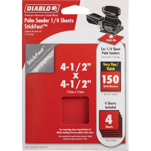 Diablo 150-Grit StickFast Palm Sander 1/4 Sanding Sheets, 4-1/2" x 4-1/2" Size - Fast Stock Removal, Clog-Free Ceramic Blend, Wood Metal Plastic Compatible, 4-Pack - DCS045150P04G