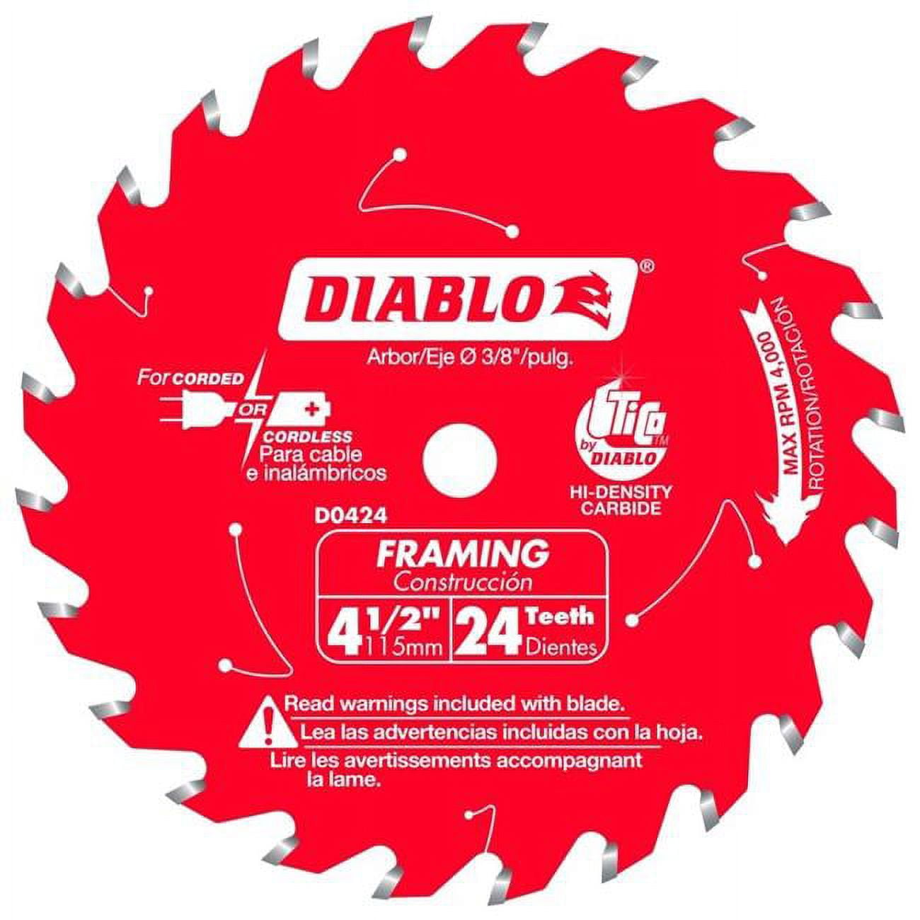 Diablo 2006231 4.5 in. Dia. x 0.37 in. Carbide Framing Saw Blade, 24 Teeth