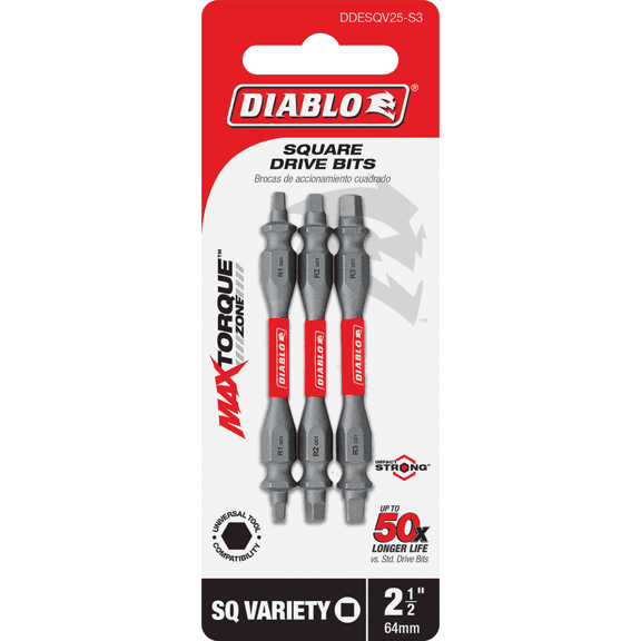 Diablo 3-Piece Square Recess Double-End Screwdriver Bit Set - Pack of 12 Heavy-Duty Construction, Professional Use