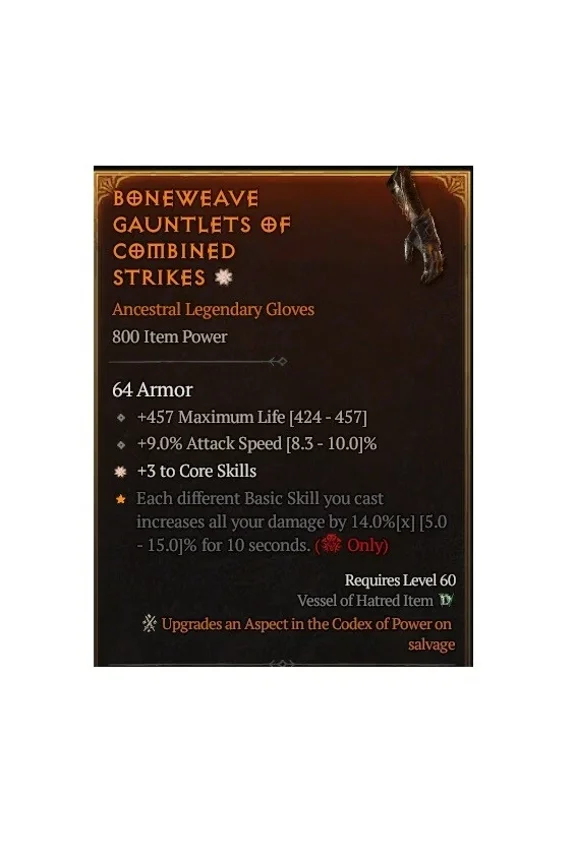 Diablo 4 Eternal Boneweave Gauntlets Of Combined Strikes 1Ga Legendary Gloves