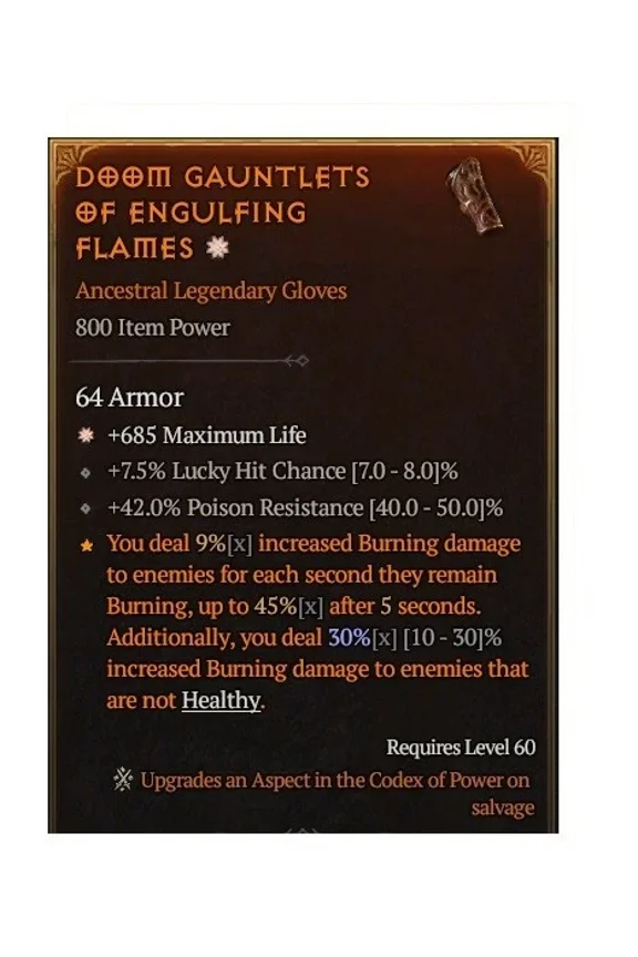 Diablo 4 S9 Doom Gauntlets Of Engulfing Flames 1Ga Legendary Gloves Gear Item