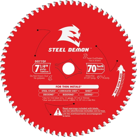 Diablo 7-1/4-Inch x 70-Teeth Steel Demon Carbide Saw Blade for Thin Metal - Ideal for Mild Steel Cutting, 12 Gauge or Thinner - Tico Hi-Density Carbide, Triple Chip Grind - D0770F