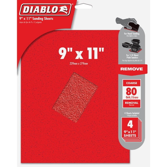Diablo 80-Grit Sanding Sheets, Fast Stock Removal & Long Life - 9" x 11" Size, Coarse Ceramic Blend, Clog-Reducing, Wood Metal Plastic Compatible, 4-Pack - DCS911080S04G