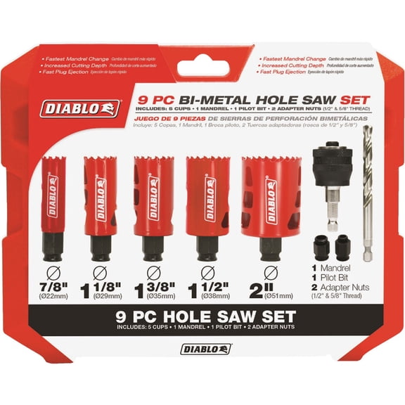 Diablo 9-Piece Kit Bi-Metal Hole Saw Set, Fast Cut Performance - 5 Saw Sizes for Wood, Plastic, Metal, Includes Snap-Lock Plus Mandrel & Adapter Nuts - DHS09SGP