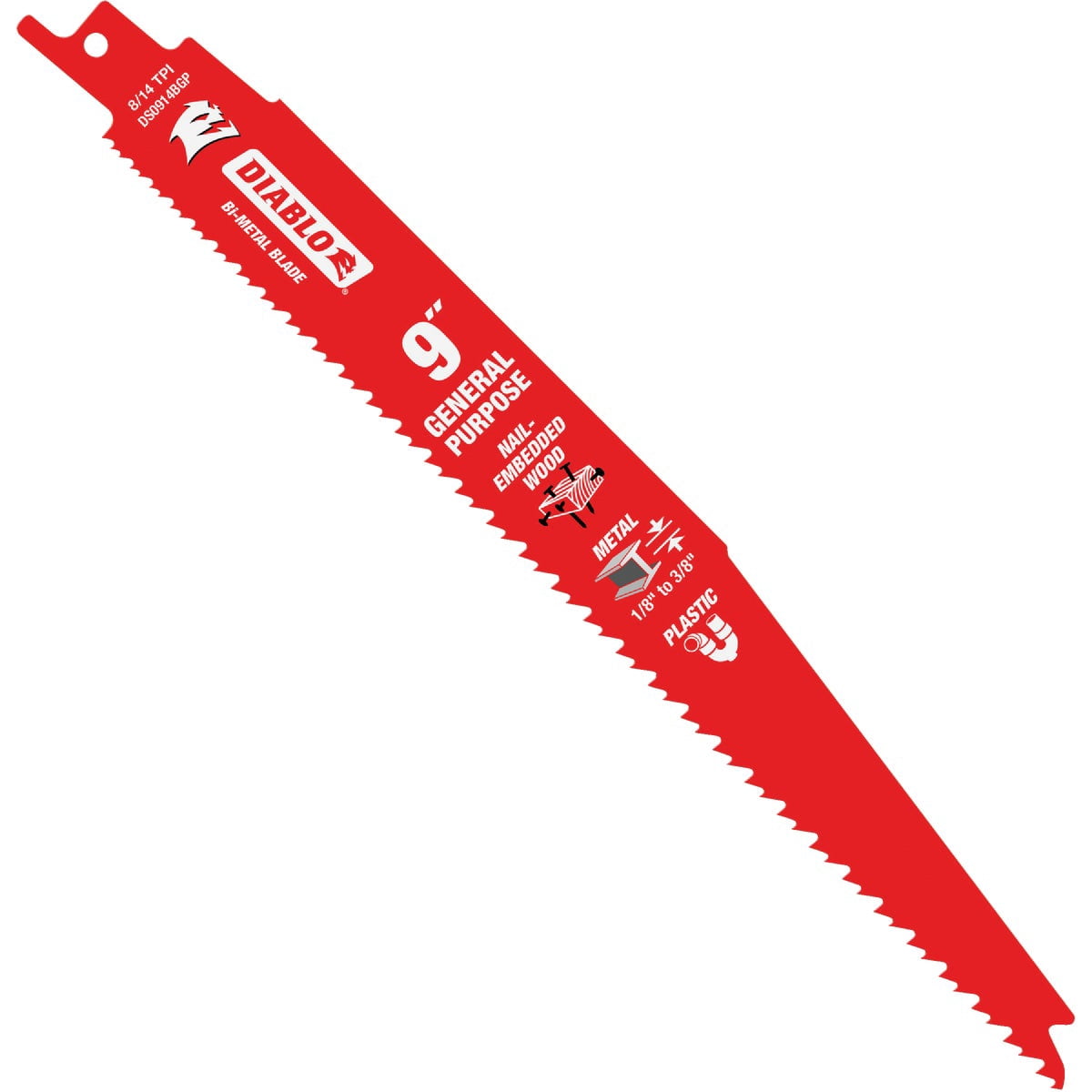 Diablo Bi-Metal Reciprocating Saw Blade for Nail-Embedded Wood, Metal, and Plastic - Variable Tooth Design - 9" Length, 8/14 TPI, 2-Pack - DS0914BGP2