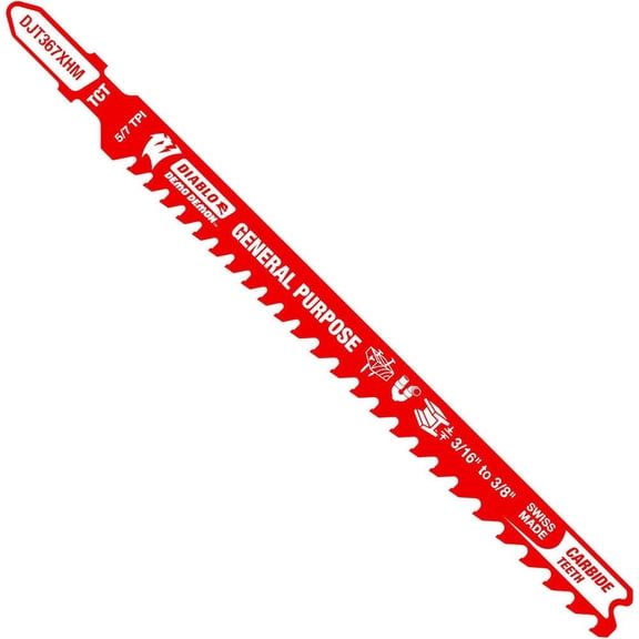 Diablo Carbide Jig Saw Blade with Perma-SHIELD Coating - Superior Cutting for Wood, Metal & Plastics - T-Shank Design, Carbide Teeth, 5-1/4" Length, 5/7 TPI - DJT367XHM J101