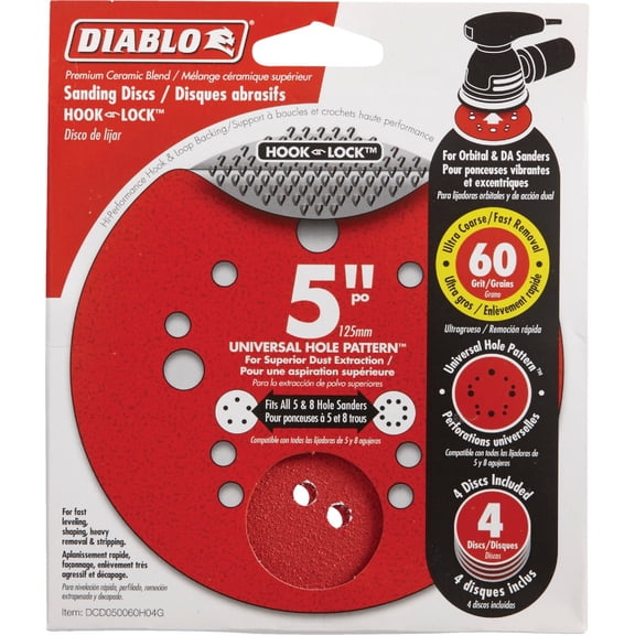 Diablo DCD050060H04G 5 in. 60-Grit Universal Hole Random Orbital Sanding Disc with Hook and Lock Backing (4-Pack)