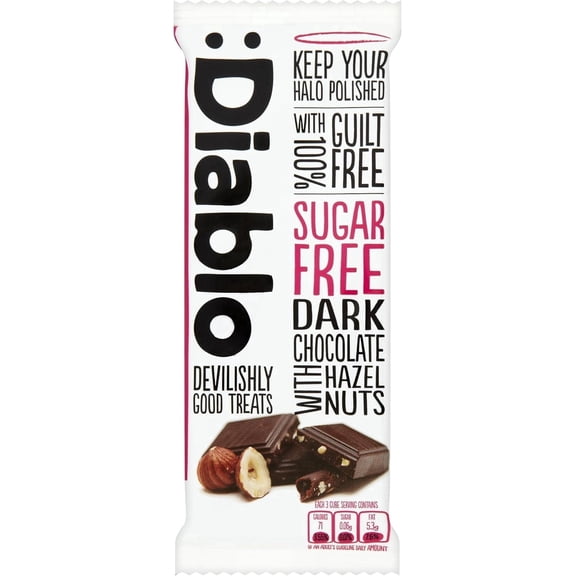 Diablo Dark Chocolate with Hazelnuts, Sugar-Free Dark Chocolate Bar - Maltitol Sweetened, Gluten-Free, Ideal Snack for All - Celebrate Any Occasion, Birthdays, Valentines, Anniversary - 85g, 1 Pack
