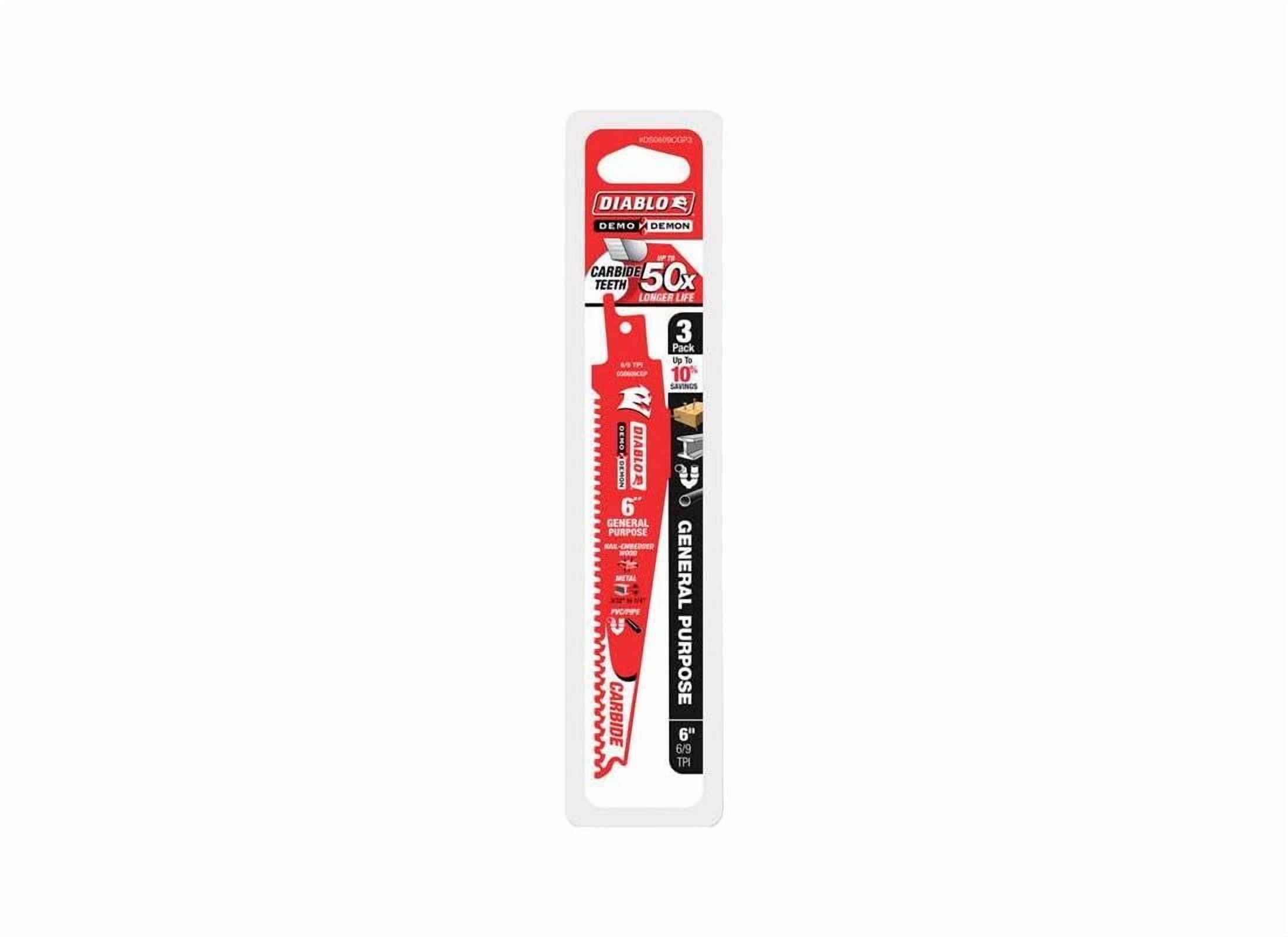 Diablo Demo Demon Carbide Teeth Reciprocating Saw Blades for General Purpose Cuts - 6" Length, 3 TPI, 3-Pack - DS0609CGP3
