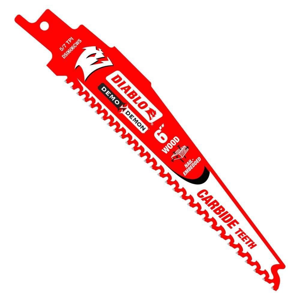 Diablo Demo Demon Reciprocating Saw Blades with Carbide Teeth for Nail-Embedded Wood - Variable Tooth Design, 5/7 TPI, 6" Length, 3-Pack - DS0606CWS3