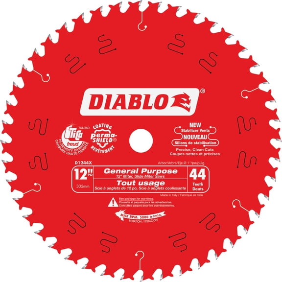 Diablo General Purpose Saw Blade for Wood - 12" Diameter, 44 ATB Teeth, 1" Arbor, .098" Kerf, 15 Hook Angle, .071mm Plate, 5000 Max RPM - D1244X