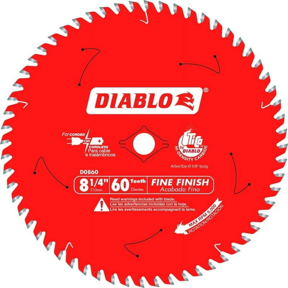 Diablo D0860X Saw Blade, 8-1/4 in Dia, 5/8 in Arbor, 60-Teeth, Carbide Cutting Edge