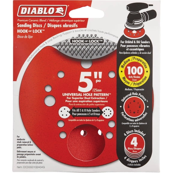 Diablo Hook and Lock ROS Sanding Discs for Wood, Metal and Plastics - 5", 100 Grit, Medium, Ceramic Blend, 4-Pack - DCD050100H04G