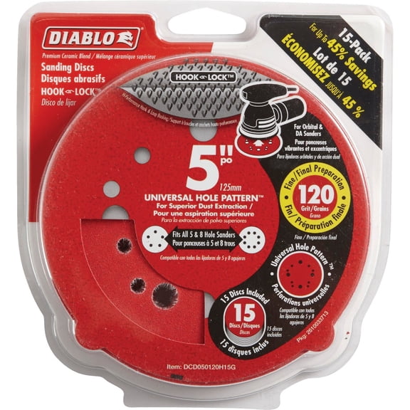 Diablo Hook and Lock ROS Sanding Discs for Wood, Metal and Plastics - 5", 120 Grit, Medium, Ceramic Blend, 15-Pack - DCD050120H15G