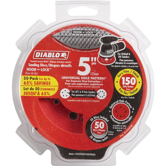 Diablo Hook and Lock ROS Sanding Discs for Wood, Metal and Plastics - 5", 150 Grit, Fine, Ceramic Blend, 50-Pack - DCD050150H50G