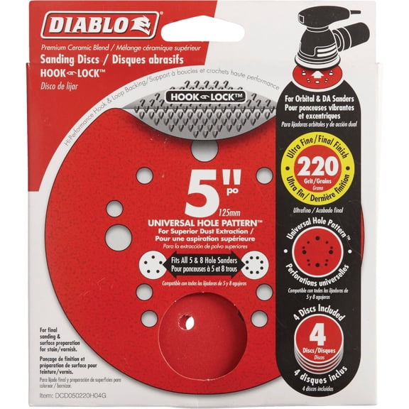 Diablo Hook and Lock ROS Sanding Discs for Wood, Metal and Plastics - 5", 220 Grit, Ultra Fine, Ceramic Blend, 4-Pack - DCD050220H04G