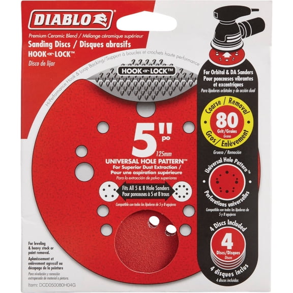 Diablo Hook and Lock ROS Sanding Discs for Wood, Metal and Plastics - 5", 80 Grit, Coarse, Ceramic Blend, 4-Pack - DCD050080H04G