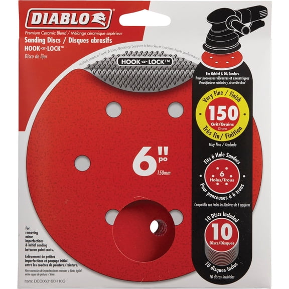 Diablo Hook and Lock ROS Sanding Discs for Wood, Metal and Plastics - 6", 150 Grit, Fine, Ceramic Blend, 10-Pack - DCD060150H10G