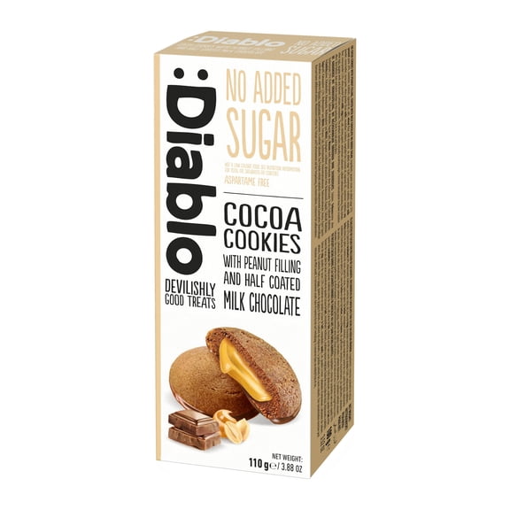 Diablo No Sugar Added Cocoa Cookies with Peanut Filling, Half Dipped in Milk Chocolate, Sweet Snack, Kosher, 3.9 oz
