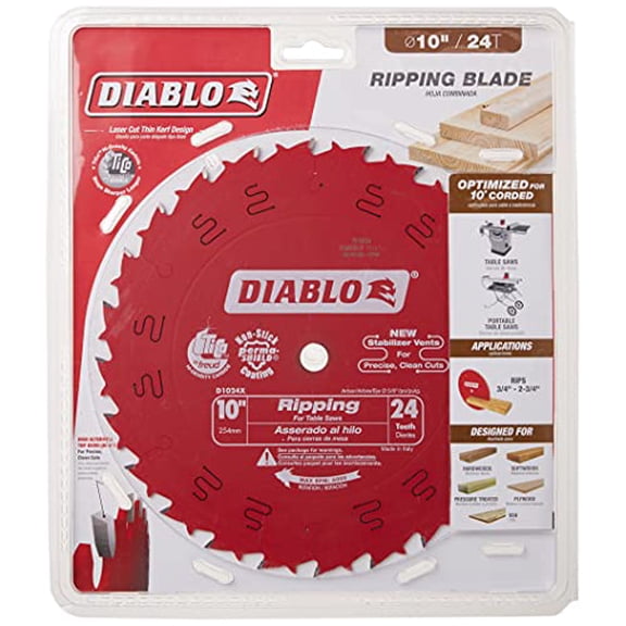 Diablo Ripping Saw Blade for Wood - 10" Diameter, 24 ATB Teeth, 5/8" Arbor, .098" Kerf, 15 Hook Angle, .071" Plate, Max 6000 RPM - D1024X