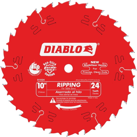 Diablo Ripping Saw Blade for Wood - 10" Diameter, 24 ATB Teeth, 5/8" Arbor, .098" Kerf, 15 Hook Angle, .071" Plate, Max 6000 RPM - D1024X