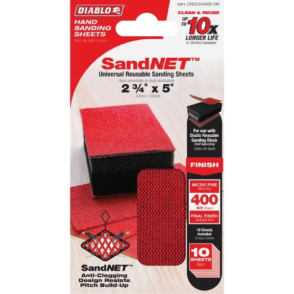 Diablo SandNET Reusable Sanding Sheets, Micro Fine Ceramic Blend, Clog-Resistant, Multi-Material Sanding & Polishing - 400-Grit, 2-3/4"" x 5"", 10-Pack - DND234400S10N