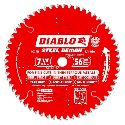 Diablo Steel Demon Carbide Saw Blade for Thin Metal - Ideal for Mild Steel Cutting - 7-1/4" Diameter, 56 TCG Teeth, 5,800 Max RPM - D0756F