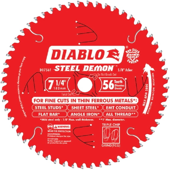 Diablo Steel Demon Carbide Saw Blade for Thin Metal - Ideal for Mild Steel Cutting - 7-1/4" Diameter, 56 TCG Teeth, 5,800 Max RPM - D0756F