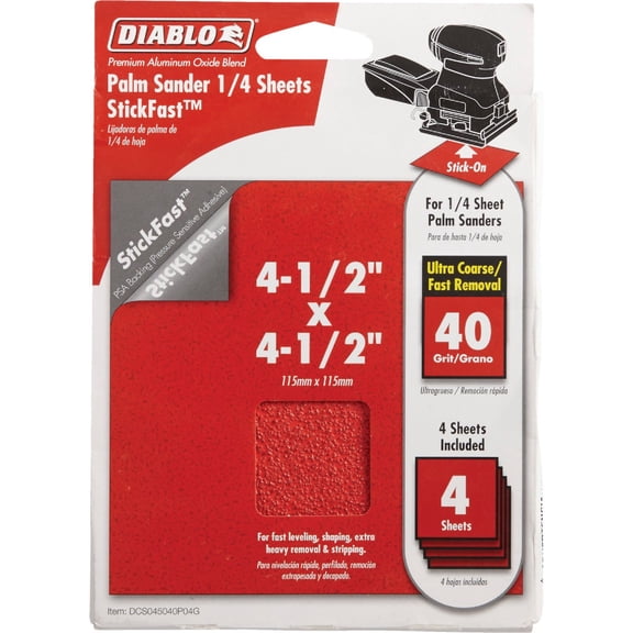 Diablo StickFast Palm Sander 1/4 Sanding Sheets - Fast Material Removal, Extra-Long Life - 4-1/2" x 4-1/2", 40 Grit, Ultra Coarse, 4-Pack - DCS045040P04G