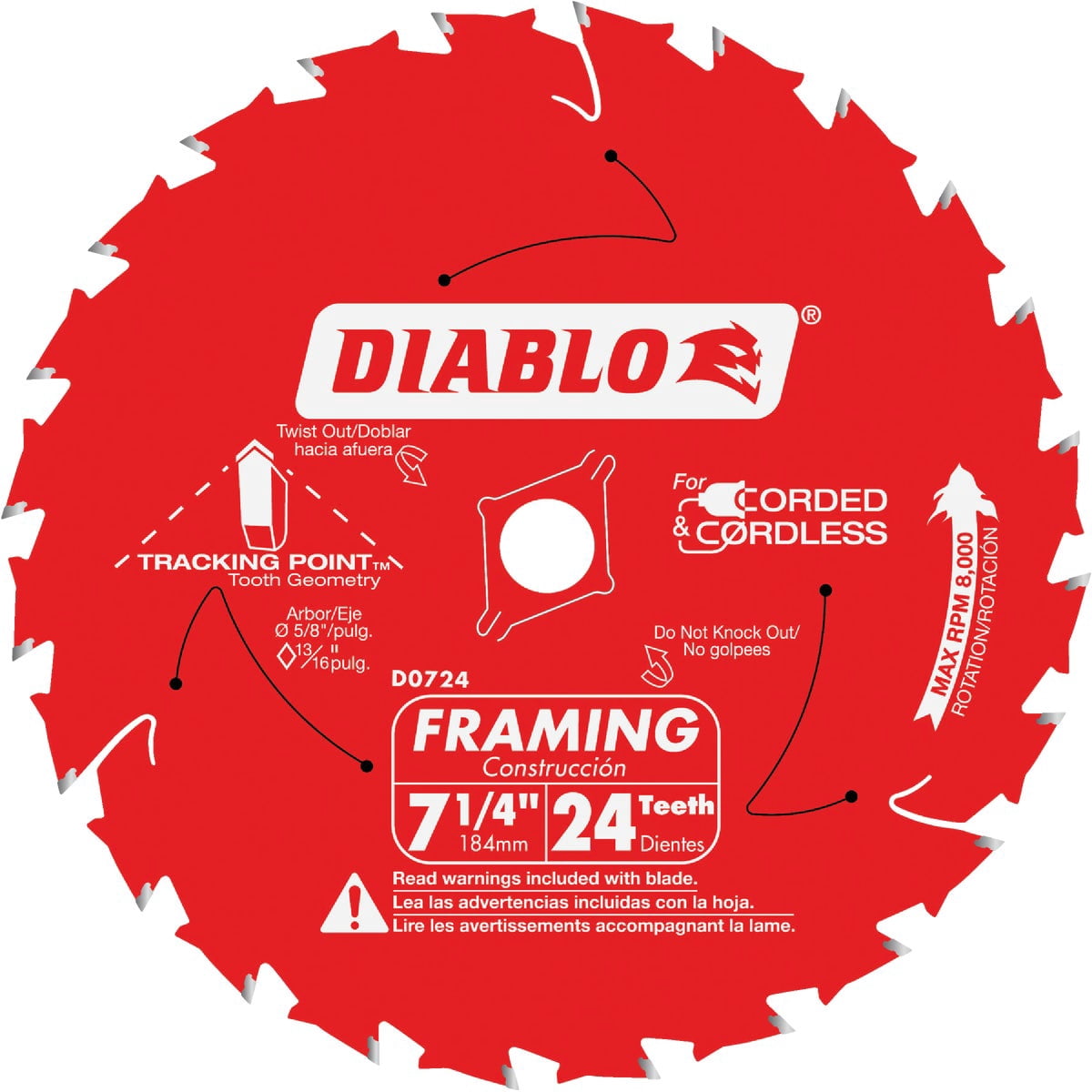 Diablo by Freud D0724DA-10 7-1/4" 24T 5/8" Demo Demon Saw Blade 10 per pack — Heavy-Duty Construction, Professional Use