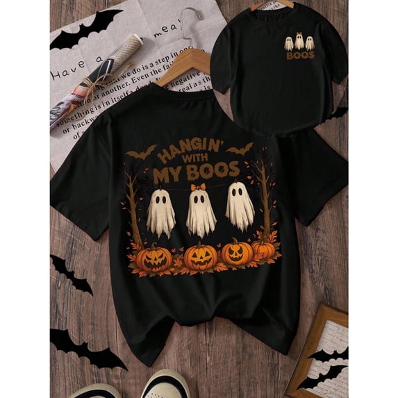 Halloween Pumpkin Ghost Print T Shirt Womens Casual Graphic Tee Round Neck Short Sleeve Black S-5XL