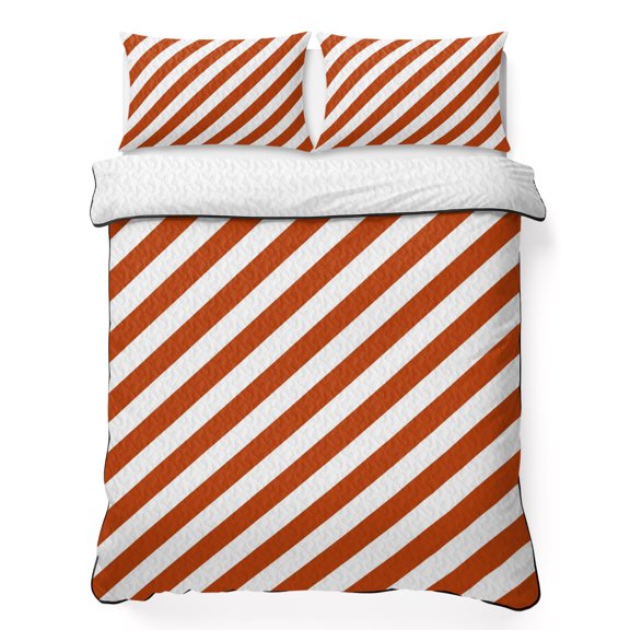 Diagonal Band 3 Piece Quilt Bedding Set with 2 Pillow Shams, Rustic Orange White Slanted Striped Lightweight Bedspread Coverlet, Soft Breathable All Season Quilt, 68 x 86 Inch